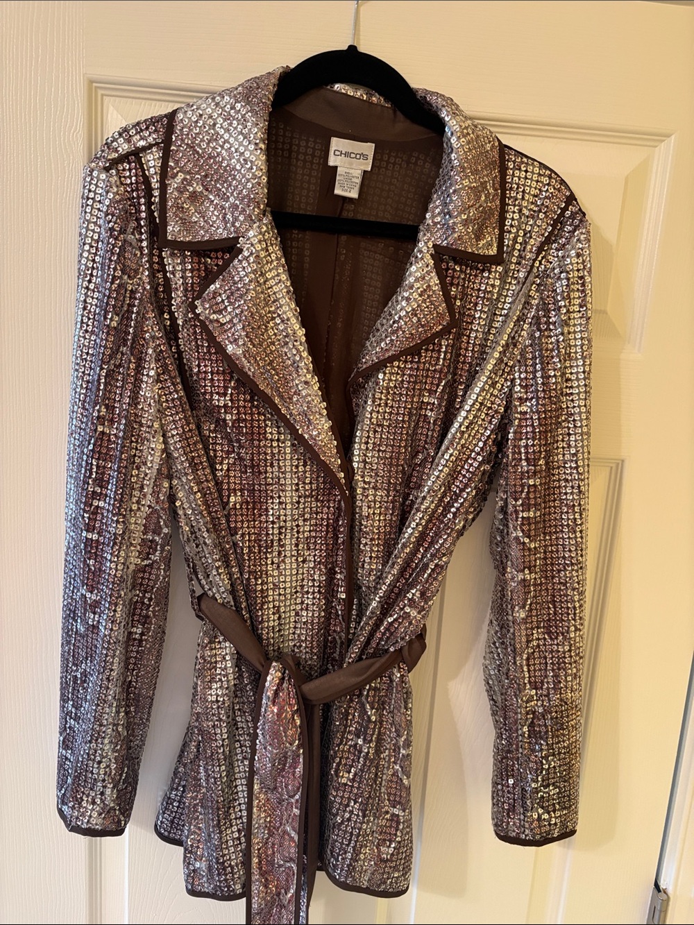 Chico's Silver and Brown Sequin Blazer with Belt